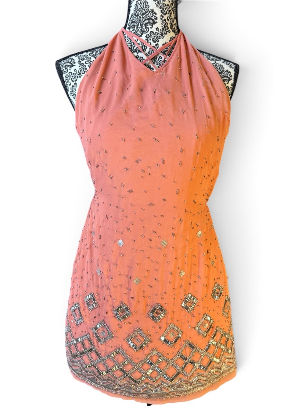 White House Black Market Coral Geometric Beaded Strappy Mini Dress size XXS​